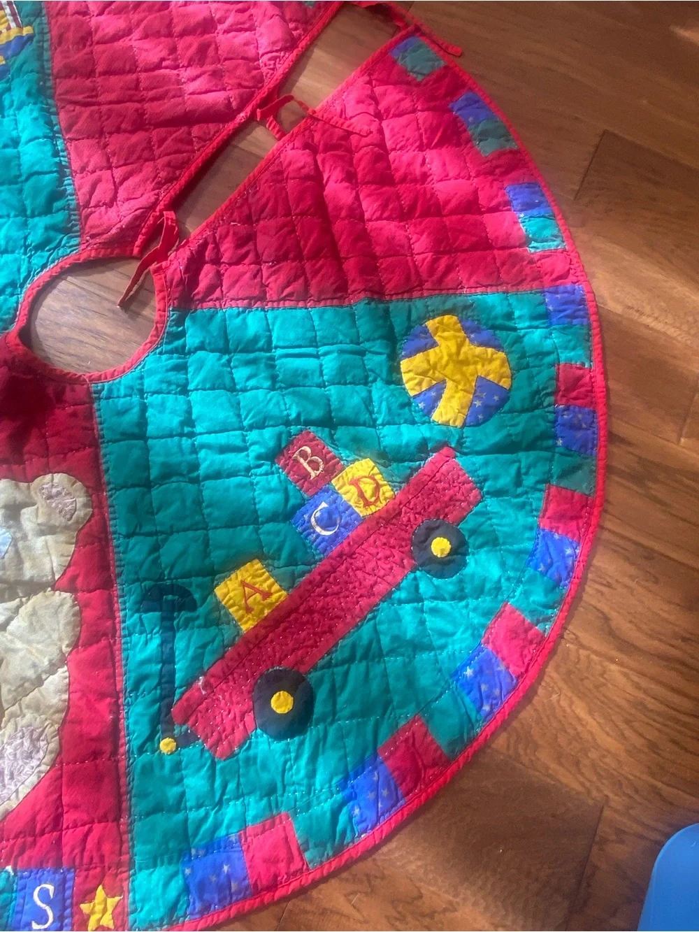 Vintage Teddy Bear and Train Quilted Christmas Tree‎ Skirt - Red, Blue & Green